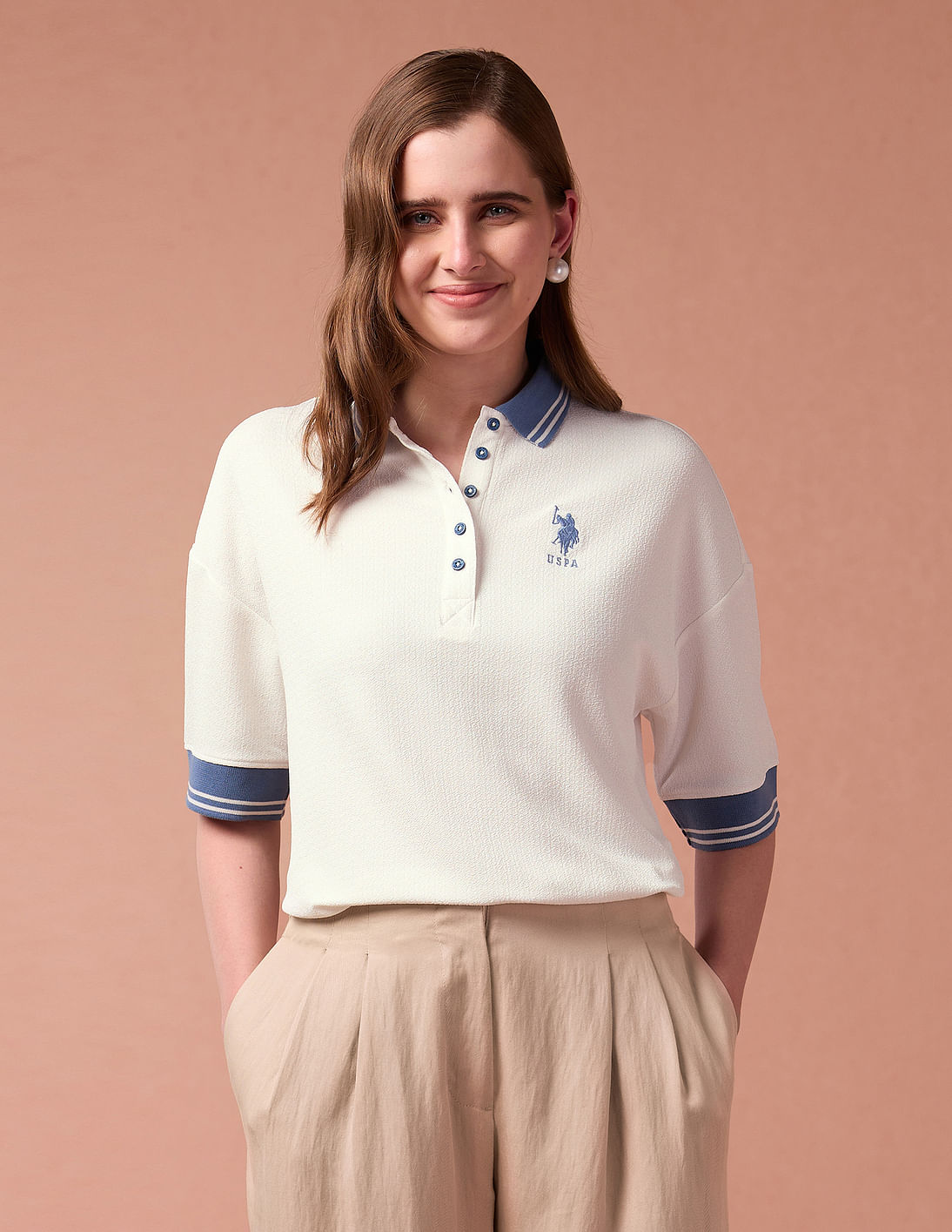 Buy U.S. Polo Assn. Women Oversized Textured Knit Polo Shirt
