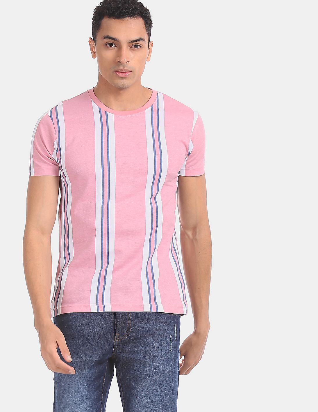 Buy Aeropostale Pink Ribbed Neck Vertical Stripe T-Shirt - NNNOW.com