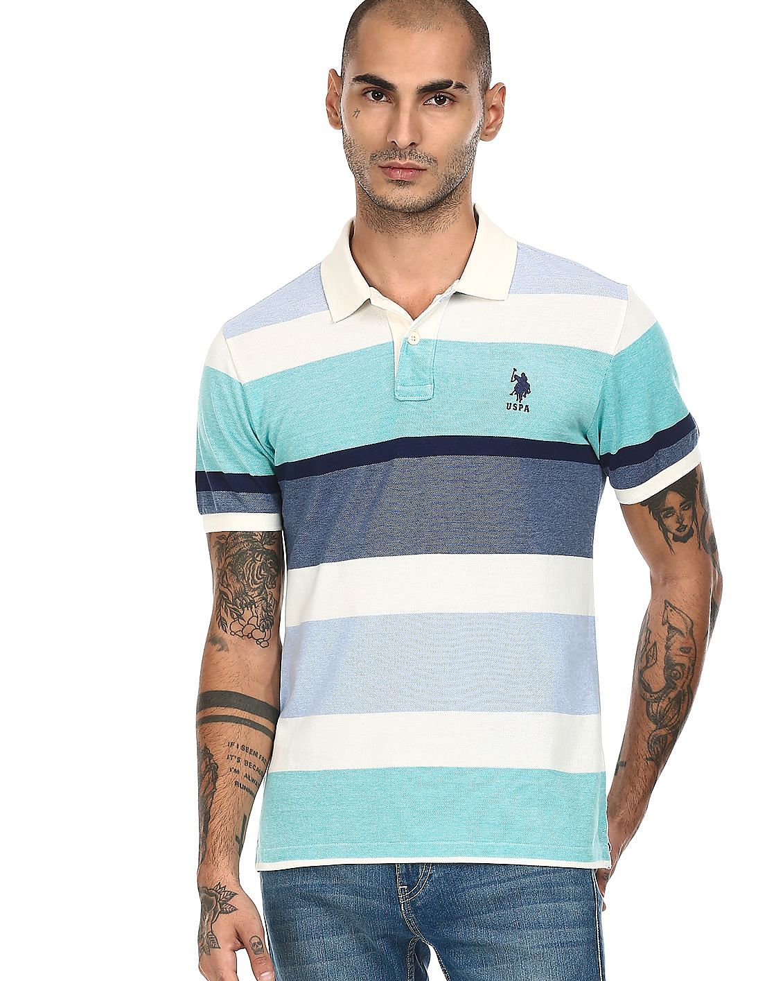 Buy U.S. Polo Assn. Men Light Blue And White Cotton Striped Polo Shirt ...