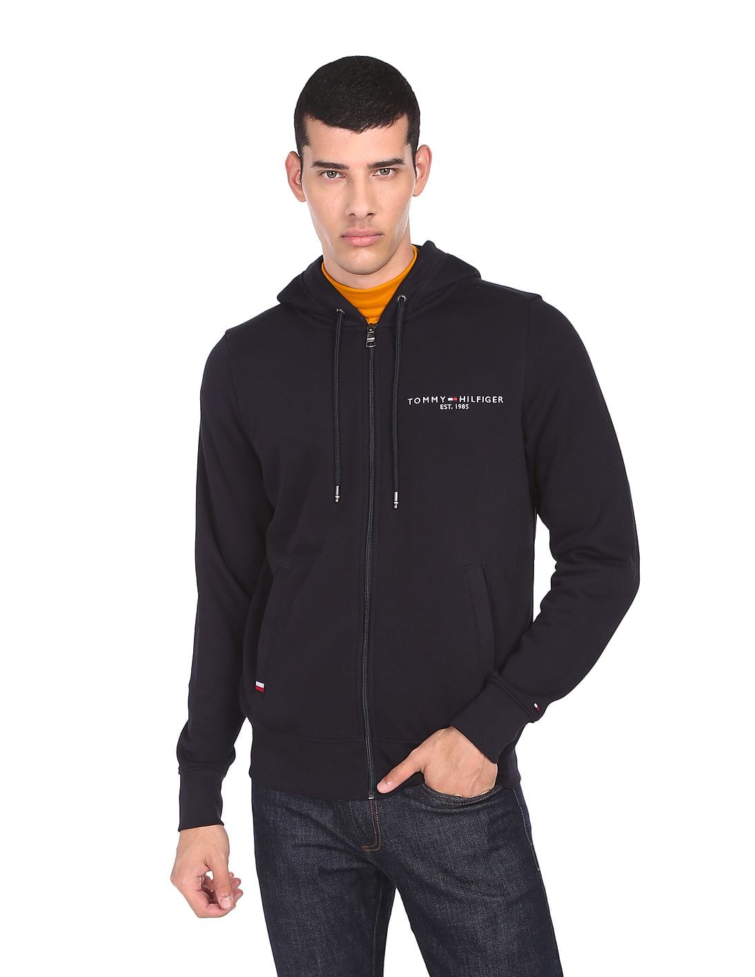 Buy Tommy Hilfiger Men Navy Embroidered Logo Fur Lined Hooded 