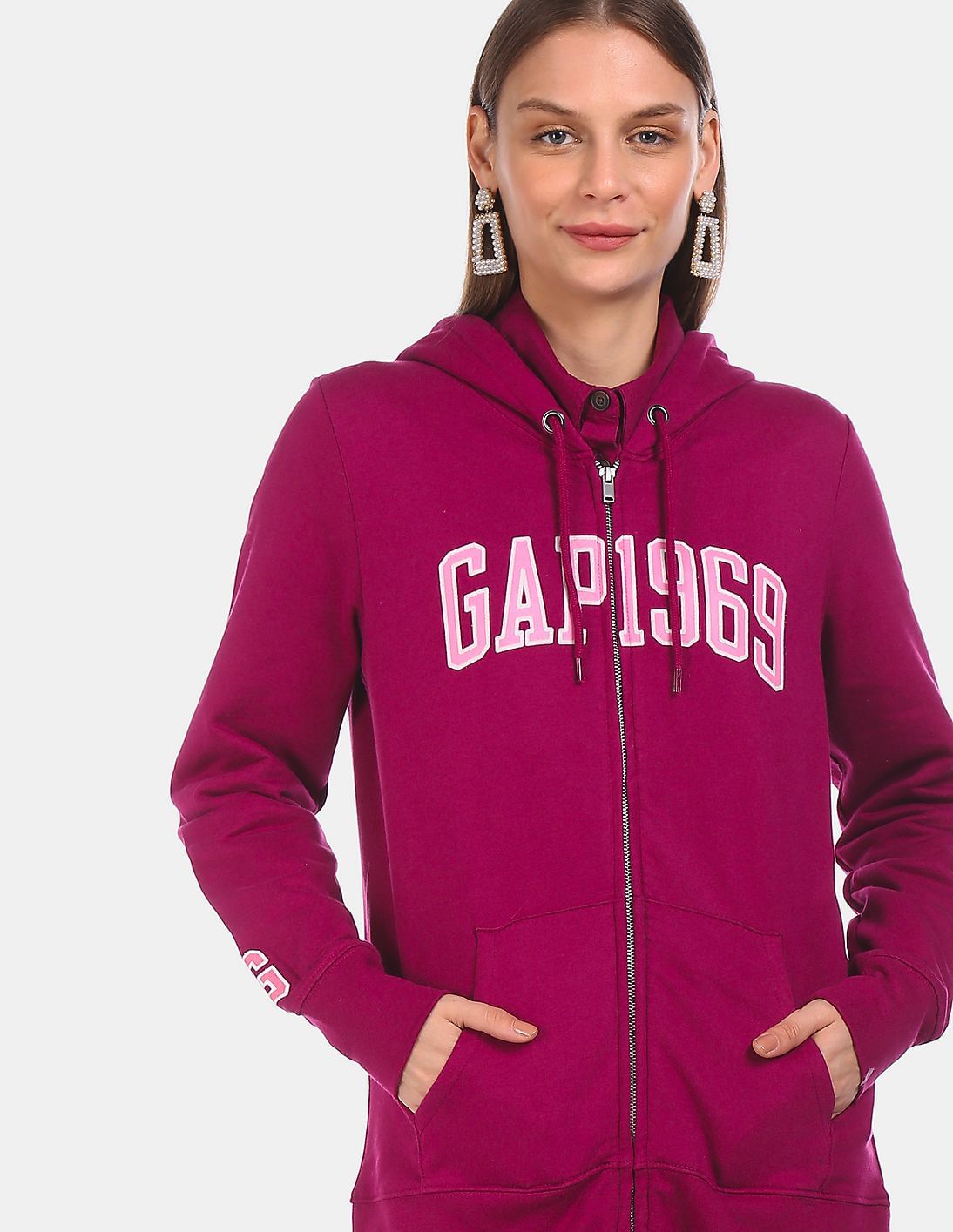 Buy GAP Women Magenta Zip Up Brand Printed Sweatshirt