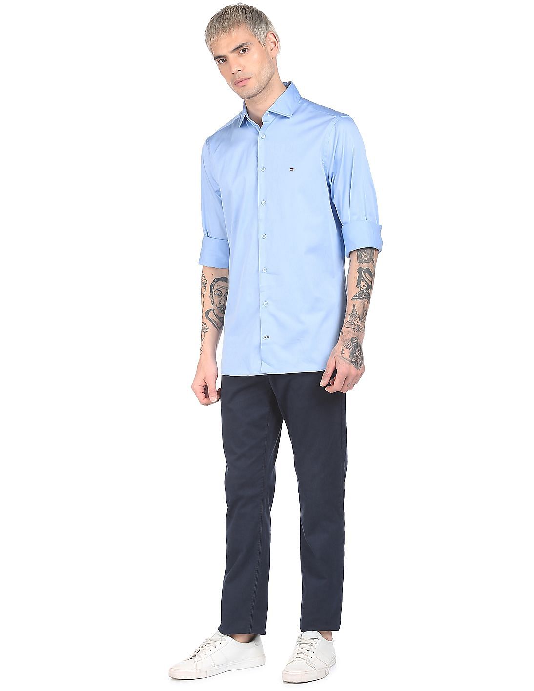Buy Tommy Hilfiger Men Light Blue Slim Fit Cotton Sateen Smart 