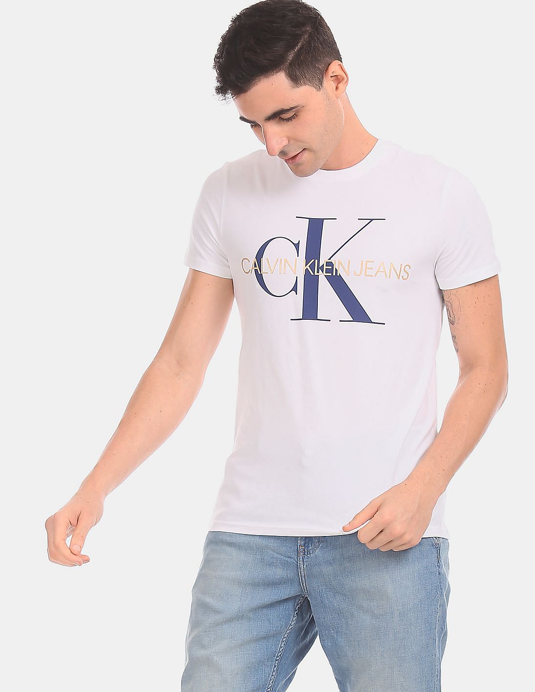 Buy Calvin Klein Men White Crew Neck Cotton Stretch Logo T-Shirt ...