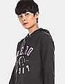 Aeropostale Women Charcoal Grey Drawstring Hood Printed Sweatshirt