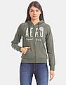 Aeropostale Women Green Brand Logo Hooded Zip Up Sweatshirt