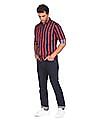 Aeropostale Men Dark Blue And Coral Spread Collar Striped Casual Shirt