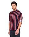 Aeropostale Men Dark Blue And Coral Spread Collar Striped Casual Shirt