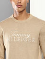 Tommy Hilfiger Men Beige Crew Neck Niles Logo Heathered Sweater