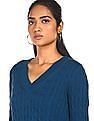 Tommy Hilfiger Women Blue V-Neck Cable Knit Sweater