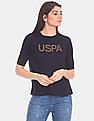 U.S. Polo Assn. Women Blue Brand Embellished Round Neck T-Shirt
